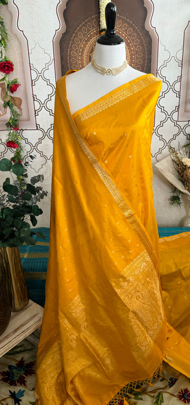 Lightweight Banarasi Katan Silk Saree | Tumeric Yellow | Gold Zari | Handwoven | Silk Mark Certified | Ships from California